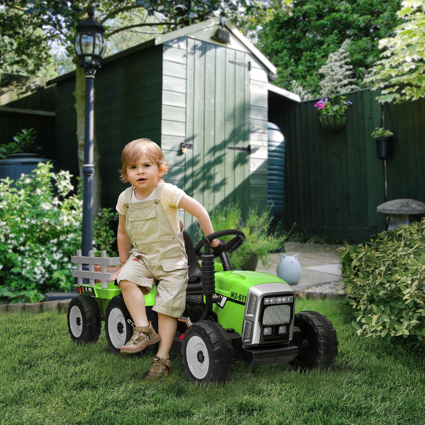 12V Electric Tractor for Kids - Ride-On with Trailer, Battery Powered, Remote Control, Music, Start-Up Sound & Horn, Green Kids Crystal