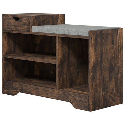 Upholstered Shoe Storage Bench Hallway Entryway Seat Drawer 3 Open Shelves Rustic Brown Wood