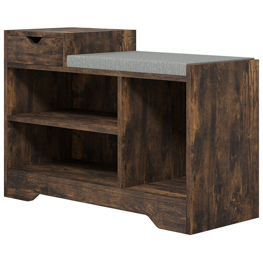 Upholstered Shoe Storage Bench Hallway Entryway Seat Drawer 3 Open Shelves Rustic Brown Wood Kids Crystal