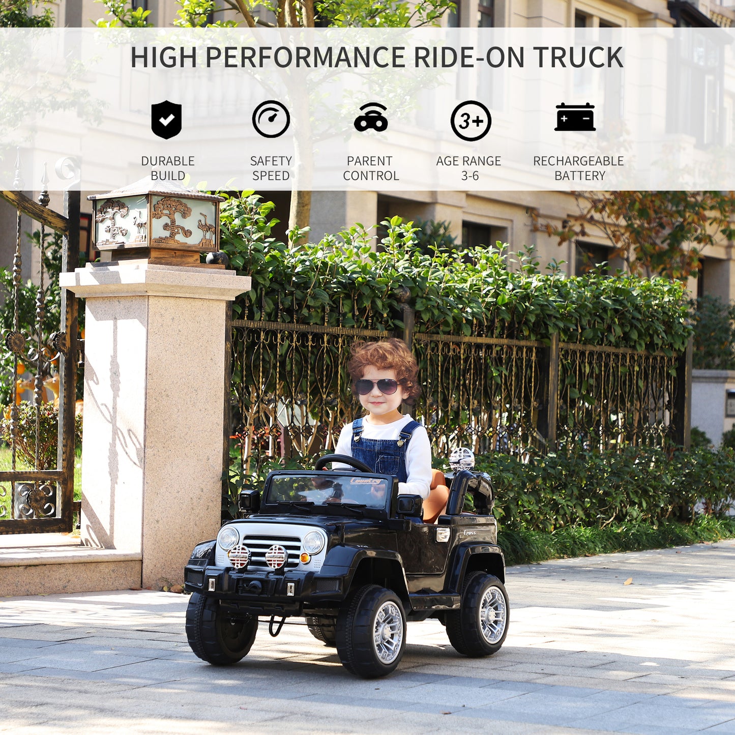 12V Kids Electric Ride-On Truck Car Toy with Remote Control Lights MP3 LCD Indicator Black Kids Crystal