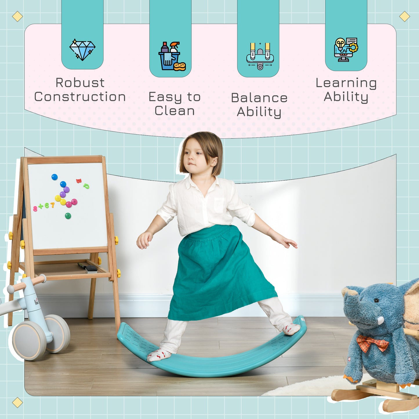 32.3" Balance Board Wobble Board Kids Curvy Rocker Board Ended Preschool Learning Waldorf Toy Ages for 3-6 Years Old Blue Kids Crystal
