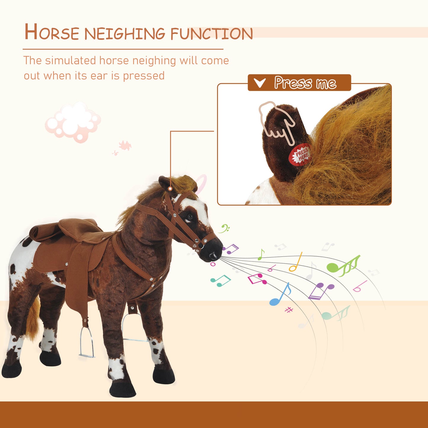 Plush Standing Ride-On Pony for Kids - Brown Cowboy Horse Toy with Neighing Sound Kids Crystal
