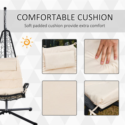 Outdoor Patio Rattan Wicker Swing Chaise Chair Hammock Lounger Hanging Curved Chaise Furniture w/ Stand & Cushion Beige