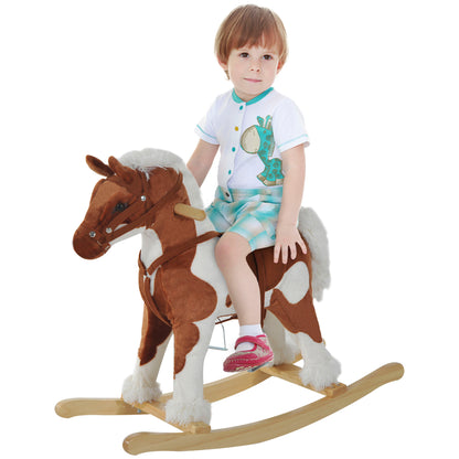 Kids Metal Plush Ride-On Rocking Horse Chair Toy w/ Nursery Rhyme Music - Light Brown / White