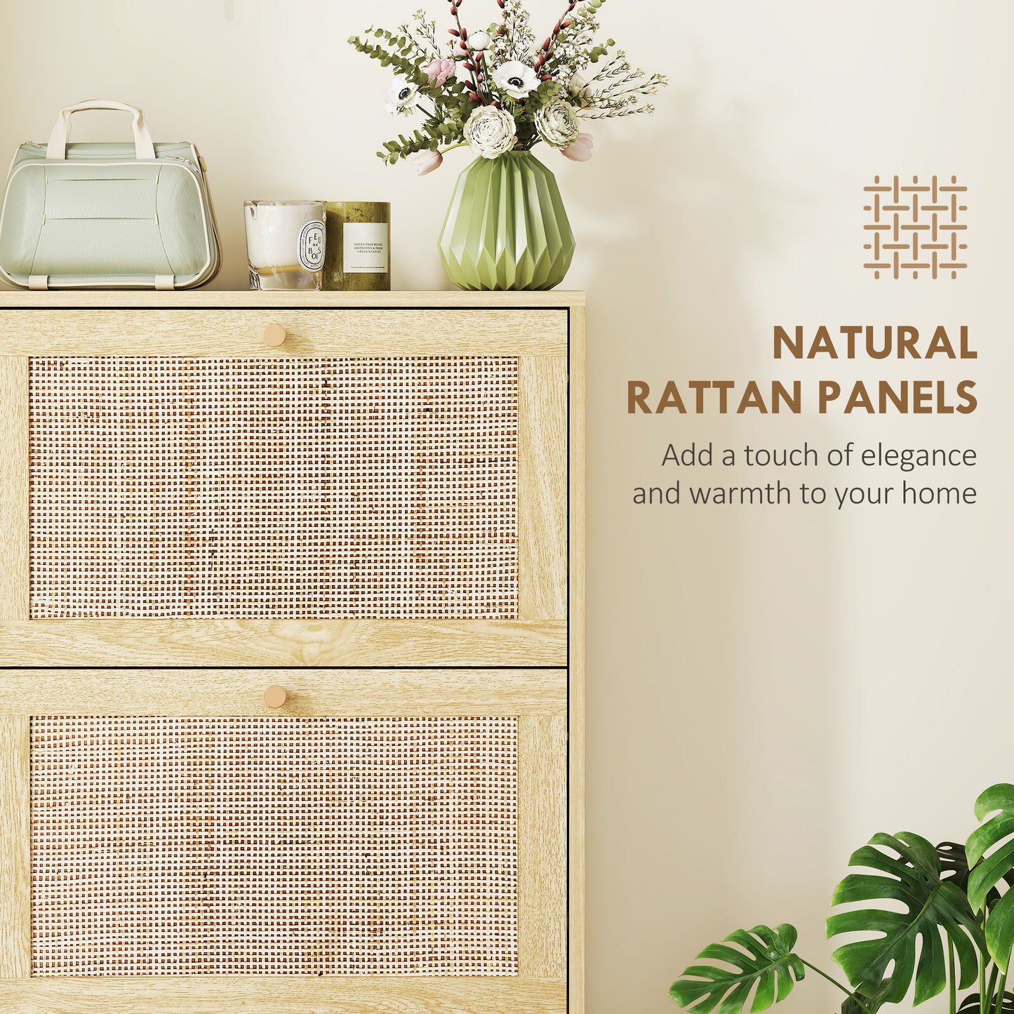 Rattan Shoe Storage Cabinet with 3 Flip Drawers and Adjustable Shelves, Entryway Shoe Cabinet for 18 Pairs, Oak Kids Crystal