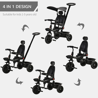 4-in-1 Baby Tricycle Stroller with Reversible Seat, Adjustable Handle, Canopy, Safety Belt, Storage - Black