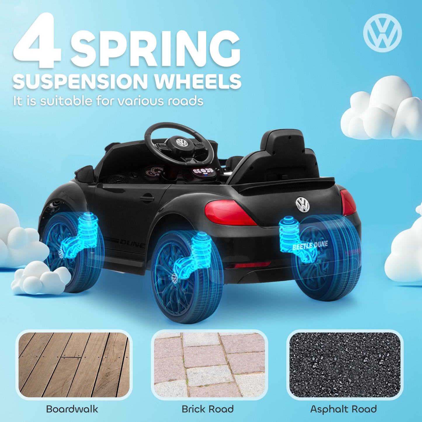 12V Volkswagen Beetle Licensed Electric Car for Kids w/ Remote Control, 4 Spring Suspension Wheels, Soft Start, Black Kids Crystal