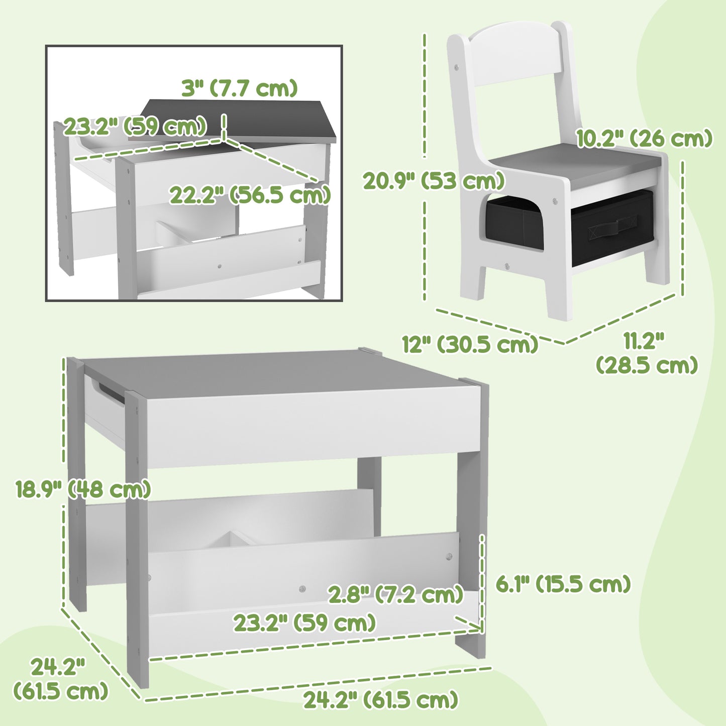 3-Piece Kids Playroom Set with Reversible Tabletop, Blackboard, Storage & Bookshelf in Grey