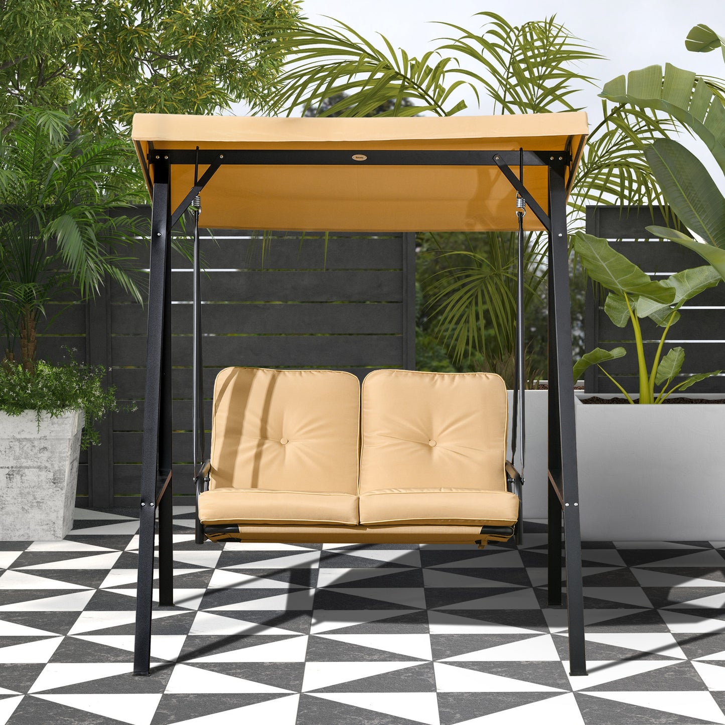 2-Seater Outdoor Porch Swing with Adjustable Canopy, Patio Swing Chair for Garden, Poolside, Backyard, Beige Kids Crystal