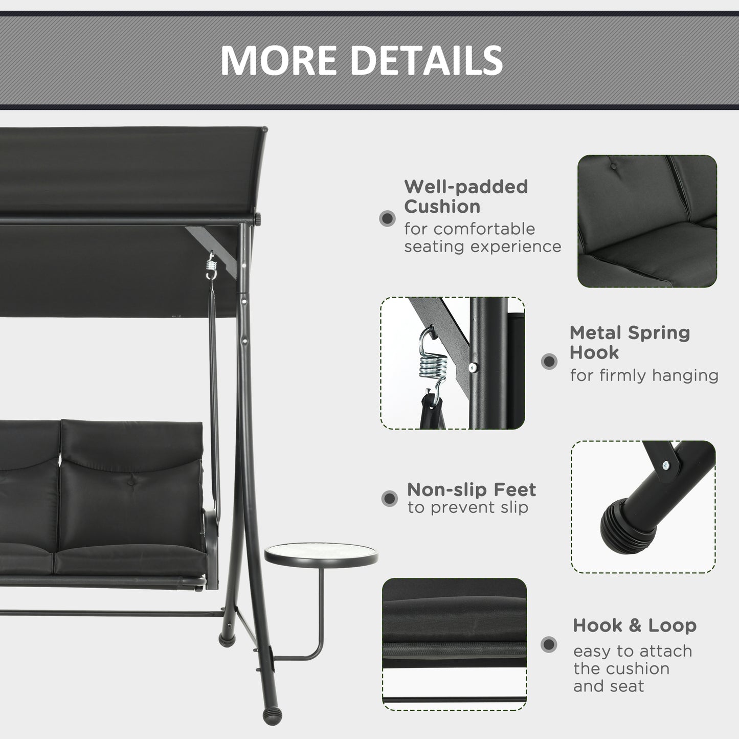 3 Seat Outdoor Swing Bench with Adjustable Canopy Coffee Table Cushions for Patio Garden Black Kids Crystal