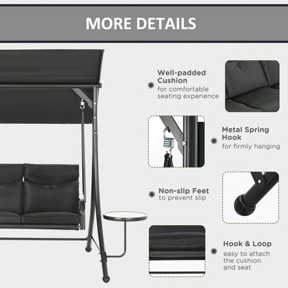 3 Seat Outdoor Swing Bench with Adjustable Canopy Coffee Table Cushions for Patio Garden Black