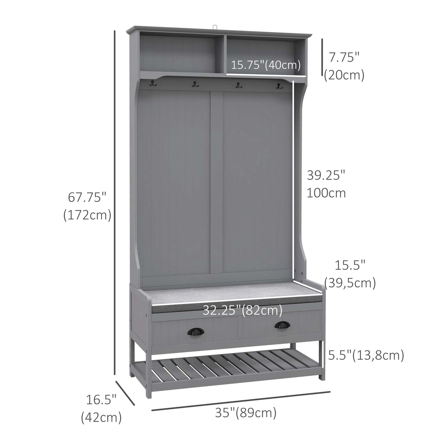 Clothing Storage, Coat Stand, Shoe Storage Bench Organizer with Coat Hanger, Drawers Padded Seat Cushion Grey Kids Crystal