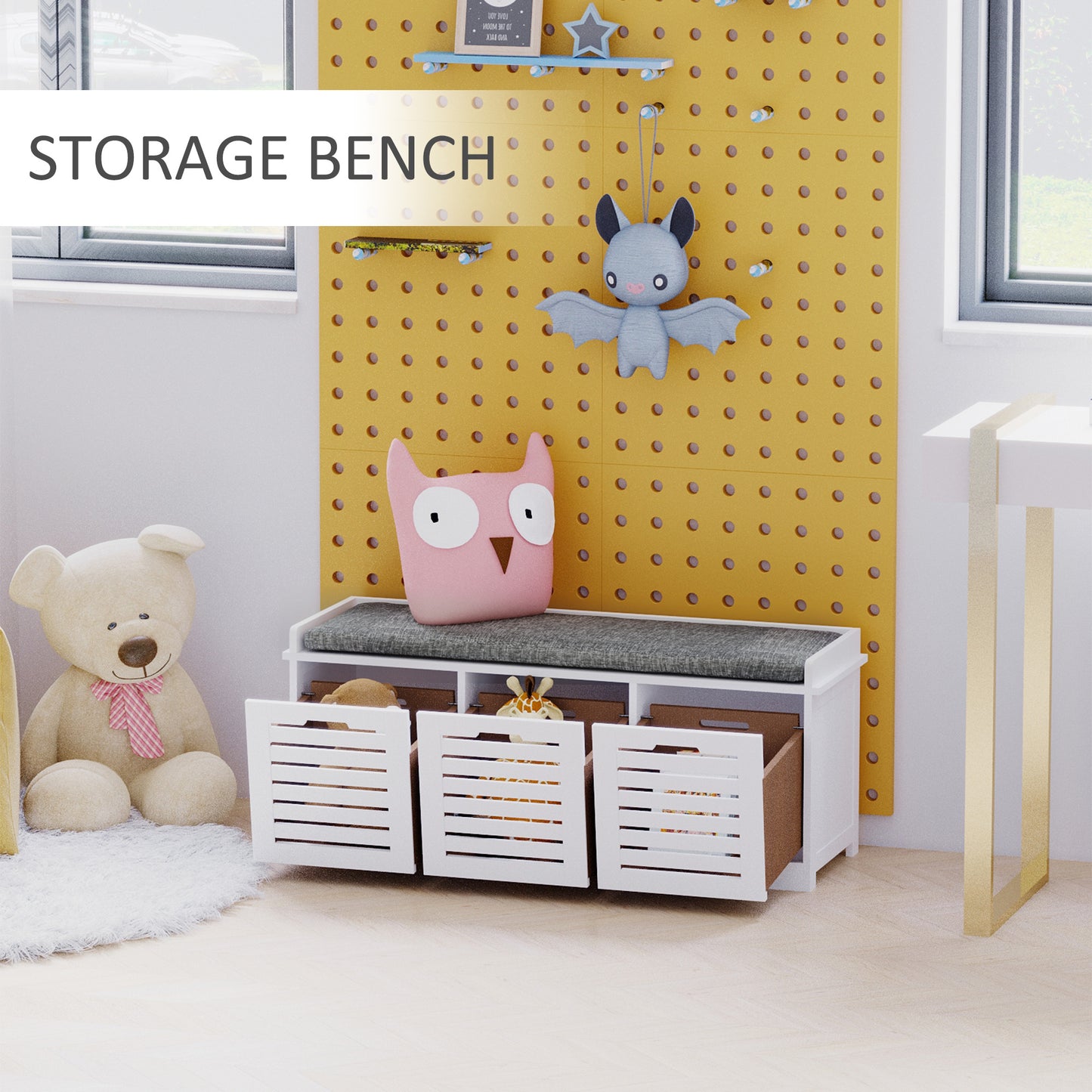 Upholstered Shoe Haven: Storage Bench with Padded Cushion, 3 Drawers, Ample Space for Living Room Kids Crystal