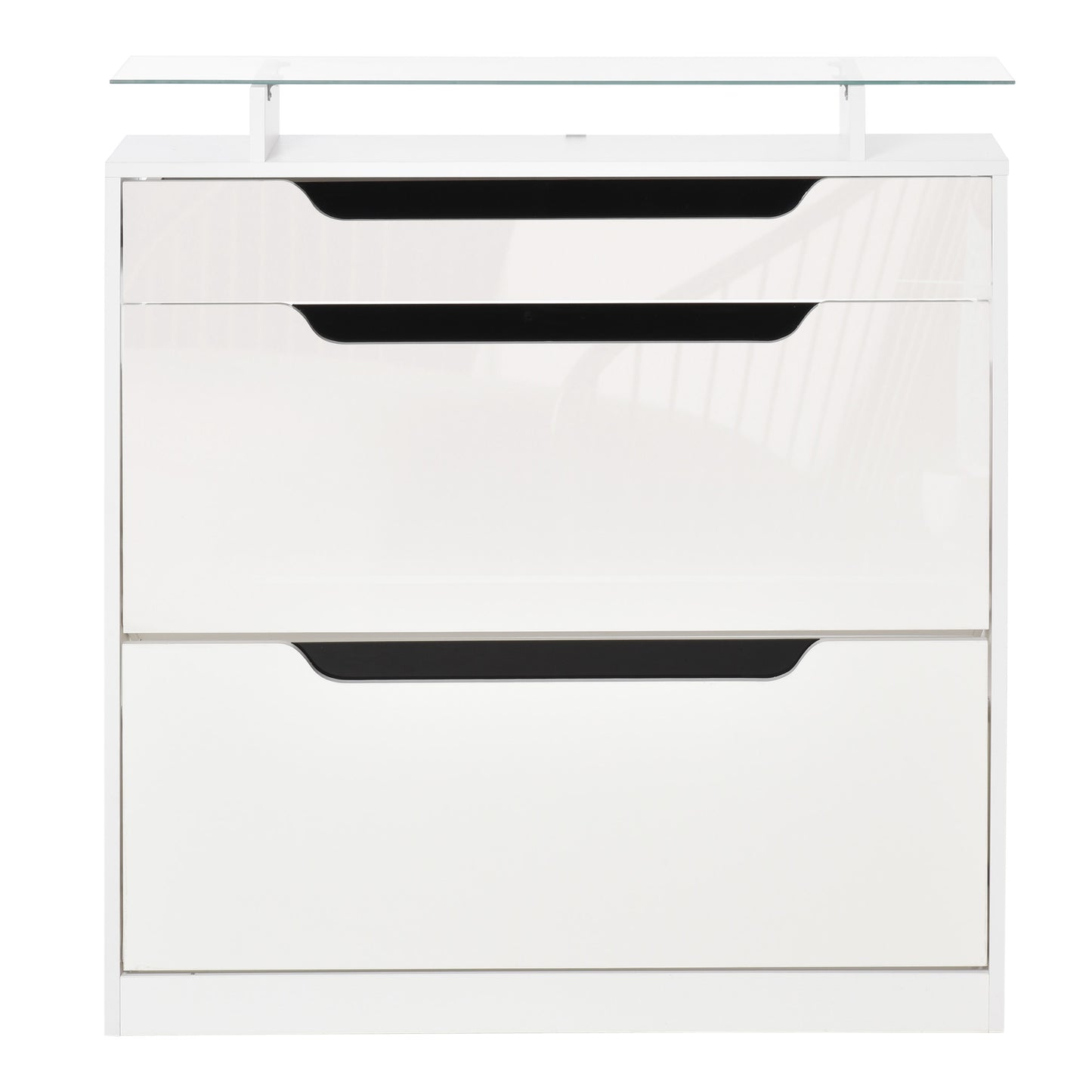 High Gloss Shoe Cabinet with 2 Flip Drawers and Adjustable Shelves, Narrow Shoe Storage Cabinet with Glass Top, White Kids Crystal