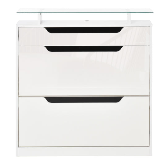 High Gloss Shoe Cabinet with 2 Flip Drawers and Adjustable Shelves, Narrow Shoe Storage Cabinet with Glass Top, White Kids Crystal