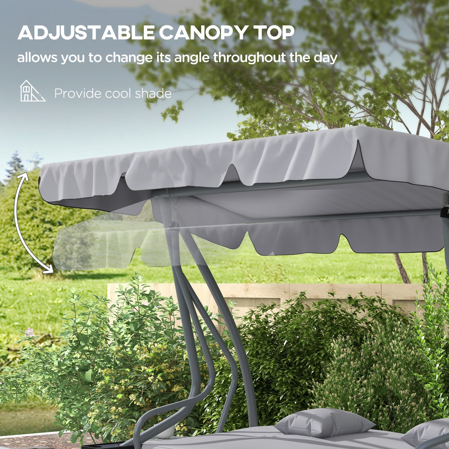 Outdoor 3-Seater Patio Swing Chair, Outdoor Swing Seat, with Adjustable Canopy and Two Pillows for Garden, Light Grey Kids Crystal