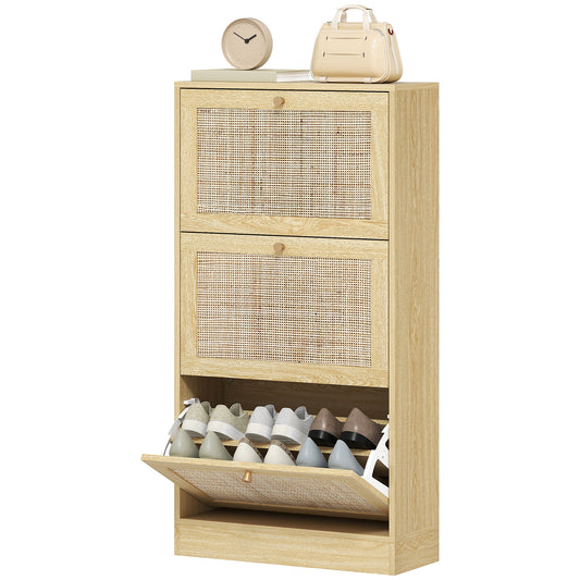 Rattan Shoe Storage Cabinet with 3 Flip Drawers and Adjustable Shelves, Entryway Shoe Cabinet for 18 Pairs, Oak Kids Crystal