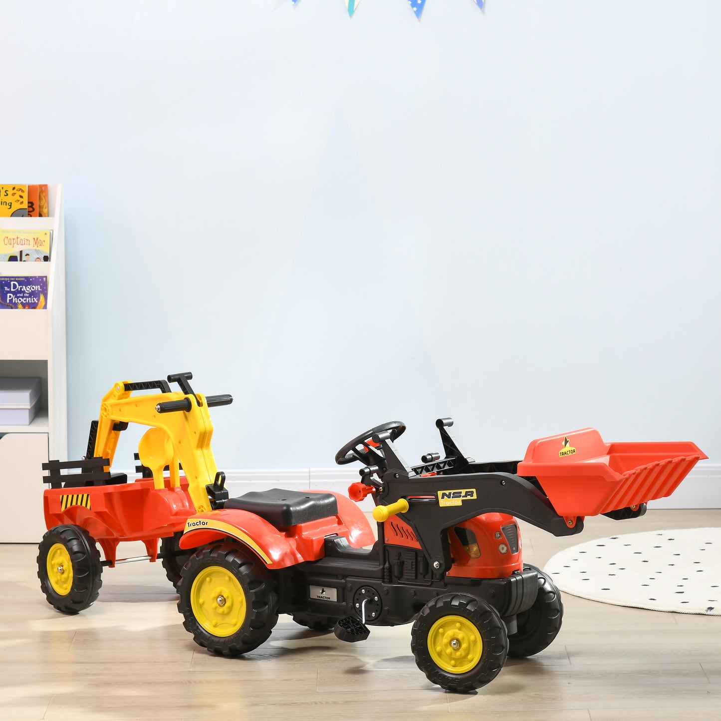 3 in1 Kids Ride On Bulldozer/Excavator Toy with 6 Wheels, Controllable Cargo Trailer & Easy Pedal Controls Kids Crystal