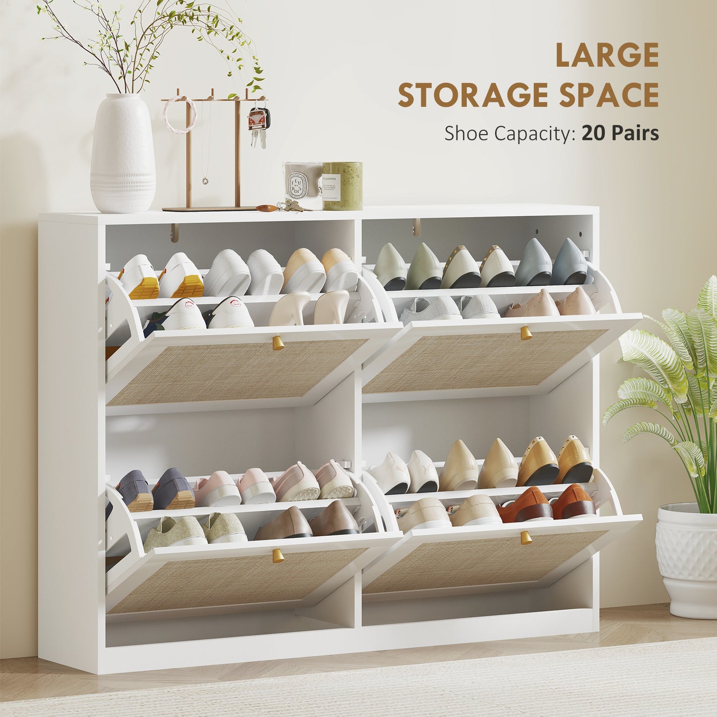 Narrow Shoe Storage Cabinet, Rattan Shoe Cabinet with 4 Flip Drawers and Adjustable Shelves for 20 Pairs, White Kids Crystal