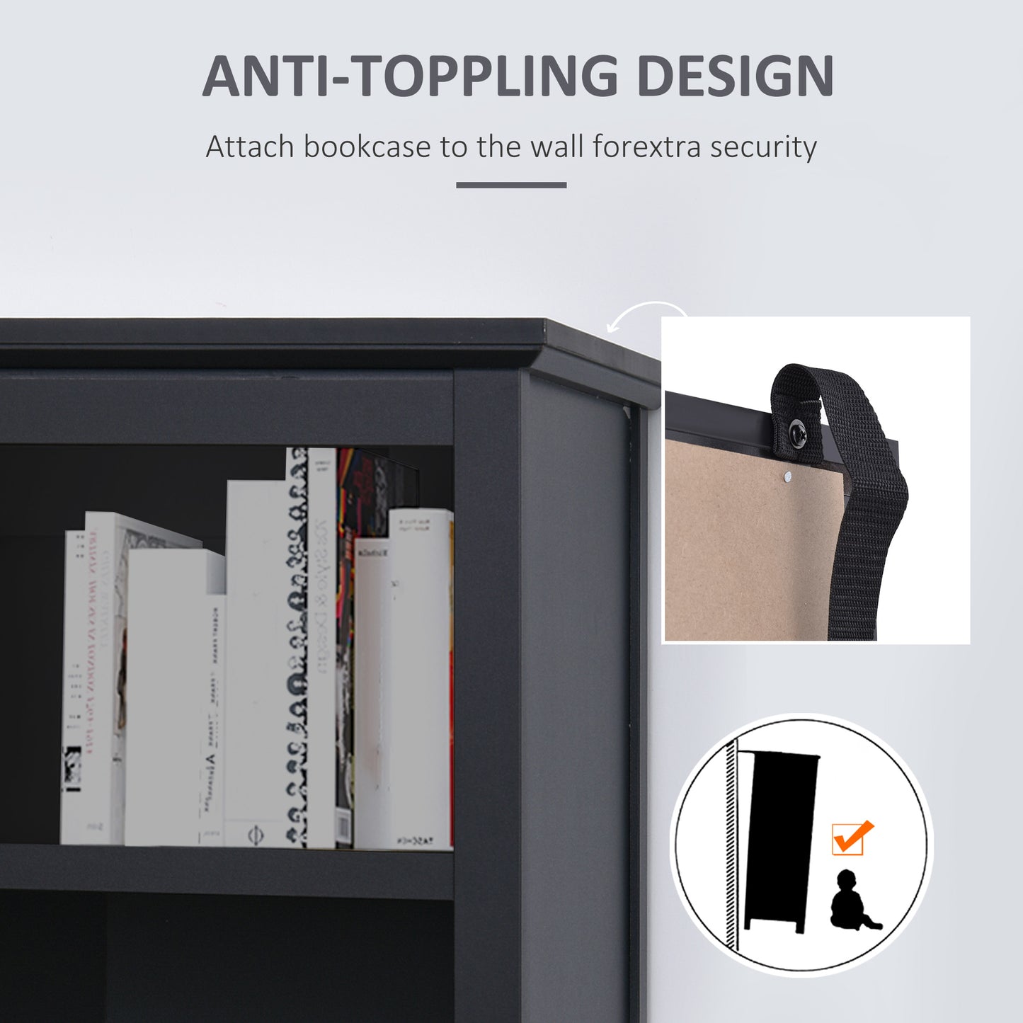 Bookcase Storage Cabinet: Multi Adjustable Shelves for Study Room Organization, Sleek Black Kids Crystal