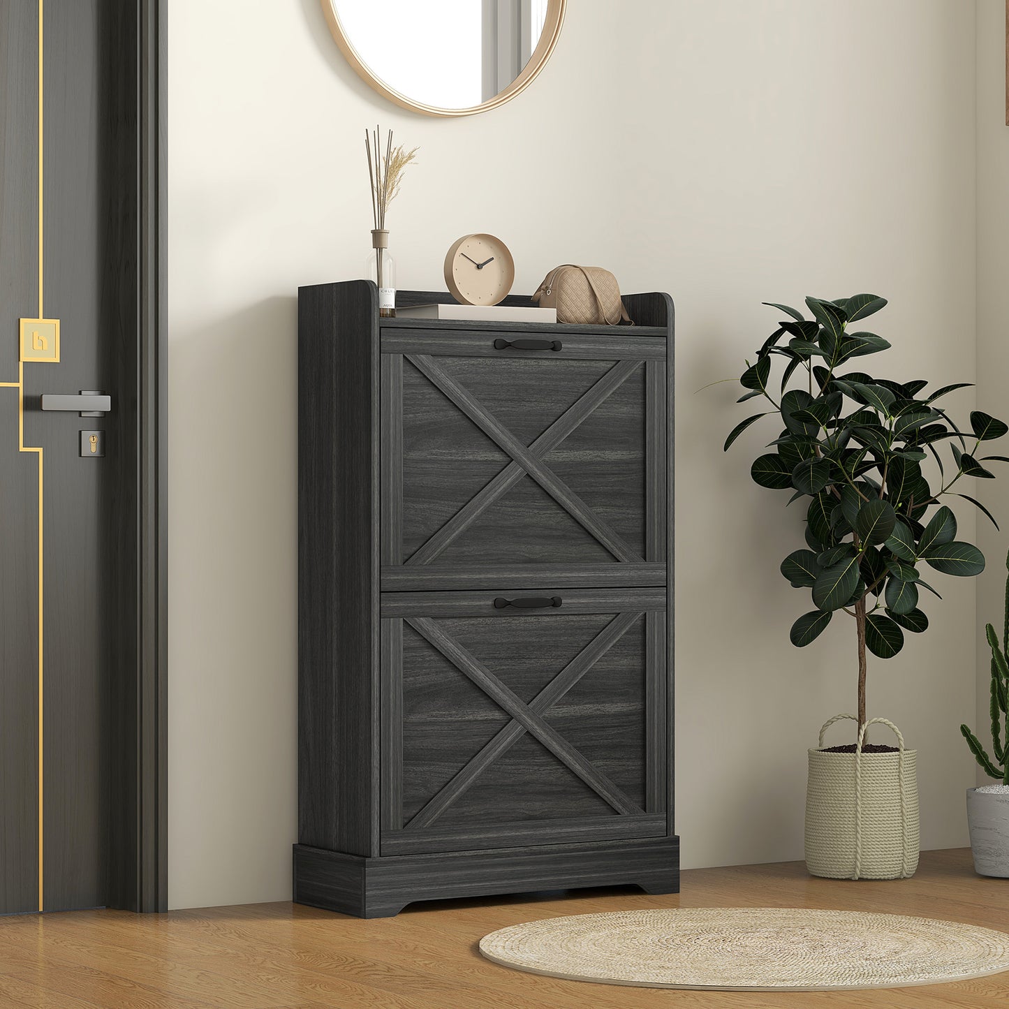 Slim Shoe Storage Cabinet, Farmhouse Shoe Cabinet with 2 Flip Drawers, Adjustable Shelves for 8 Pairs, Distressed Grey Kids Crystal