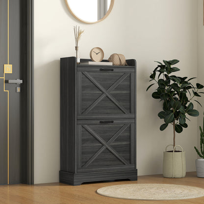 Slim Shoe Storage Cabinet, Farmhouse Shoe Cabinet with 2 Flip Drawers, Adjustable Shelves for 8 Pairs, Distressed Grey