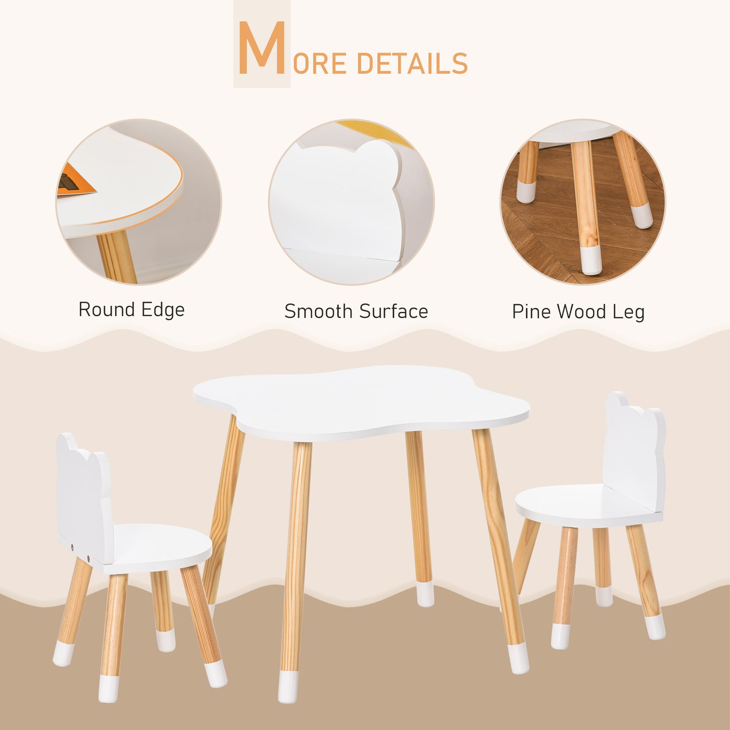 Wooden Kids Table & Chair Set: Cute Bear Design, Rounded Edges for Toddler Dining/Play in White Kids Crystal
