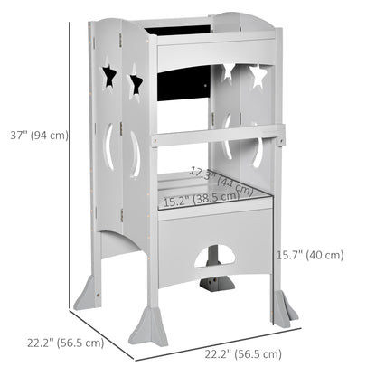 Foldable Kids Kitchen Helper Stool with Blackboard & Lockable Handrail for Ages 3-6 in Grey