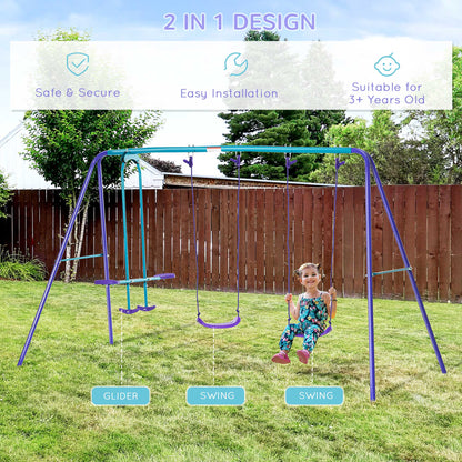 Swing Set for Kids with Glider, 2 Swing Seats, Heavy Duty A-Frame Metal Stand Outdoor Playground Playset, Purple