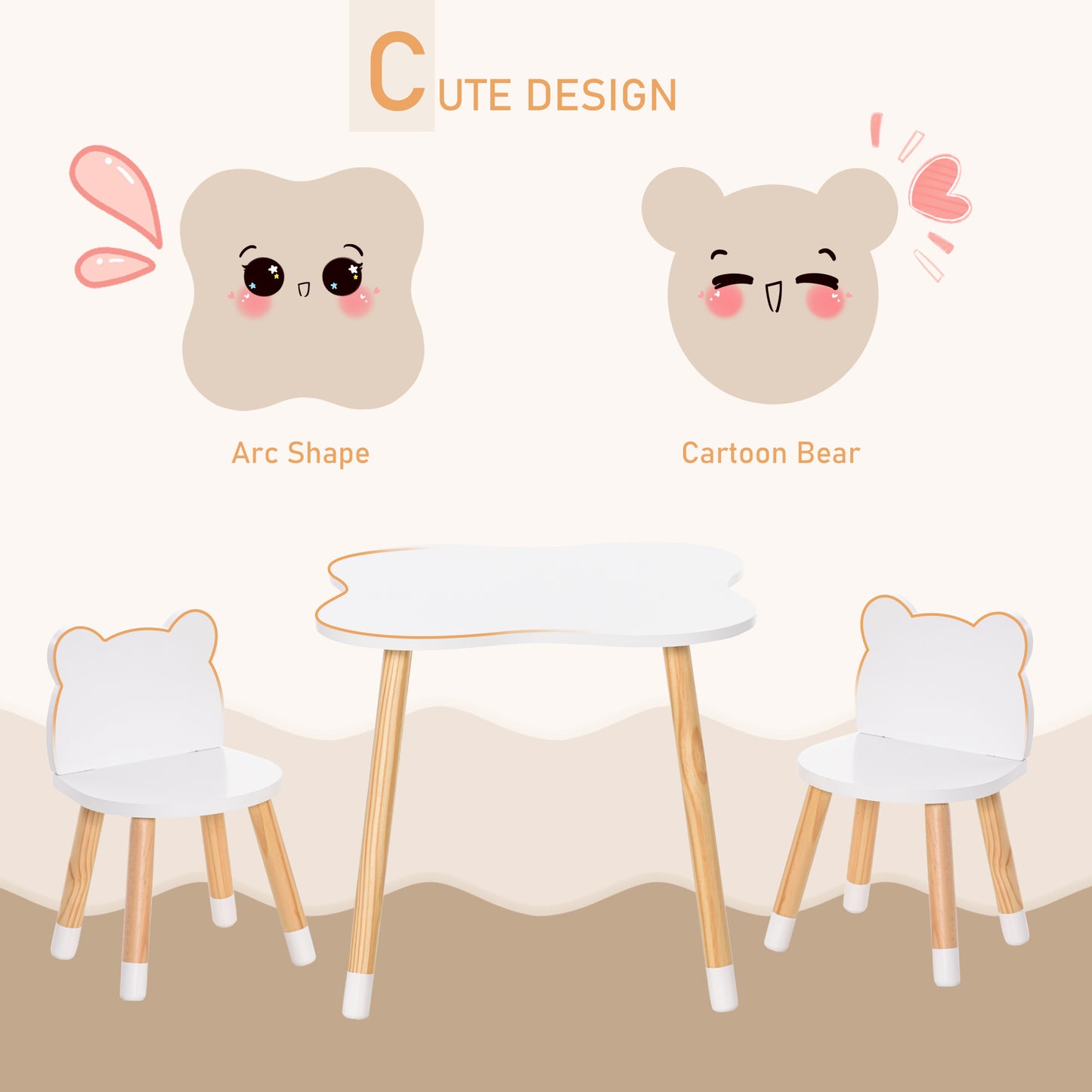 Wooden Kids Table & Chair Set: Cute Bear Design, Rounded Edges for Toddler Dining/Play in White Kids Crystal