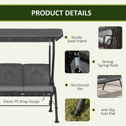 3-Person Patio Swing Chair with Canopy 3 Seater Porch Swing for Garden, Backyard, Poolside, Light Grey
