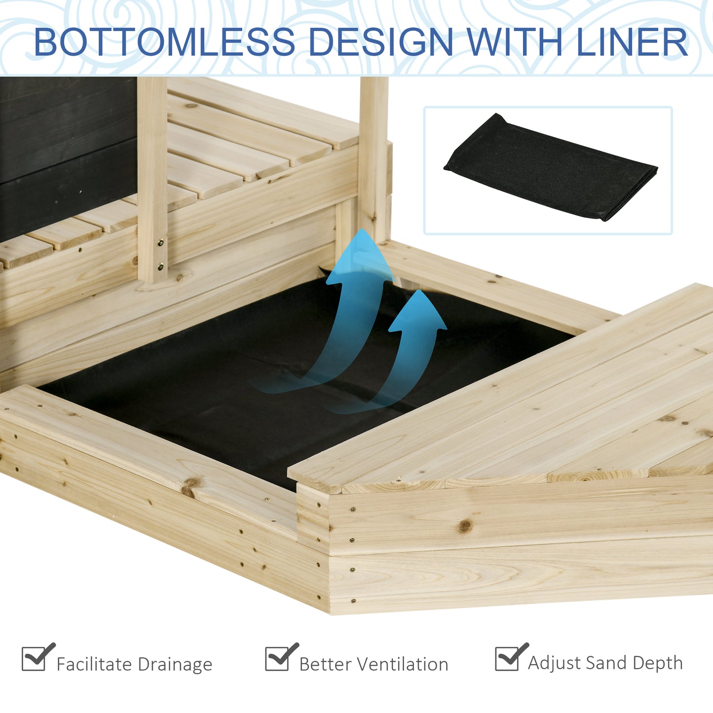 Wooden Sandbox for Kids Outdoor Sand Boat with Cover Foldable Play Station Natural Wood Finish Kids Crystal