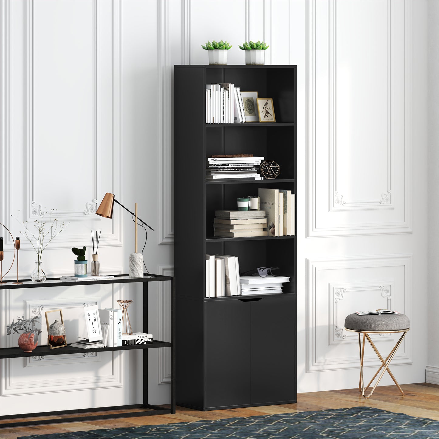 4-Tier Open Bookshelf with Doors Modern Home Office Bookcase Storage Cabinet for Living Room Bathroom Study, Black Kids Crystal