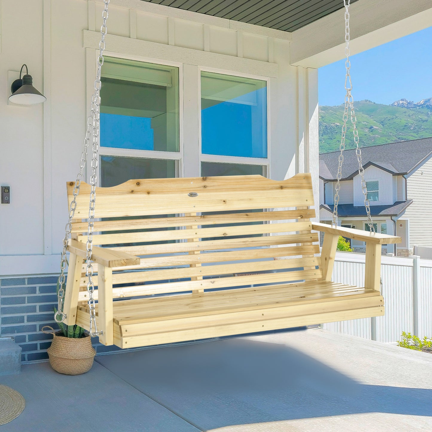 2-Seater Porch Swing, Patio Swing Bench with Adjustable Hanging Chains for Deck, Patio, Garden, Backyard, Natural Wood Kids Crystal