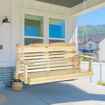 2-Seater Porch Swing, Patio Swing Bench with Adjustable Hanging Chains for Deck, Patio, Garden, Backyard, Natural Wood