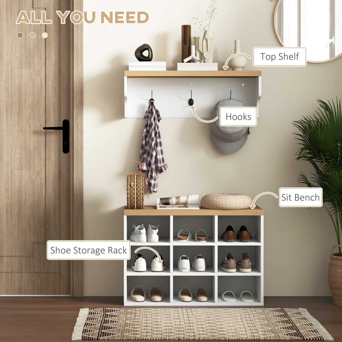 2-in-1 Hall Tree, 5-Hook Coat Rack Shoe Bench Set w/ Bench and Shoe Storage for Entryway, Hallway, White Kids Crystal