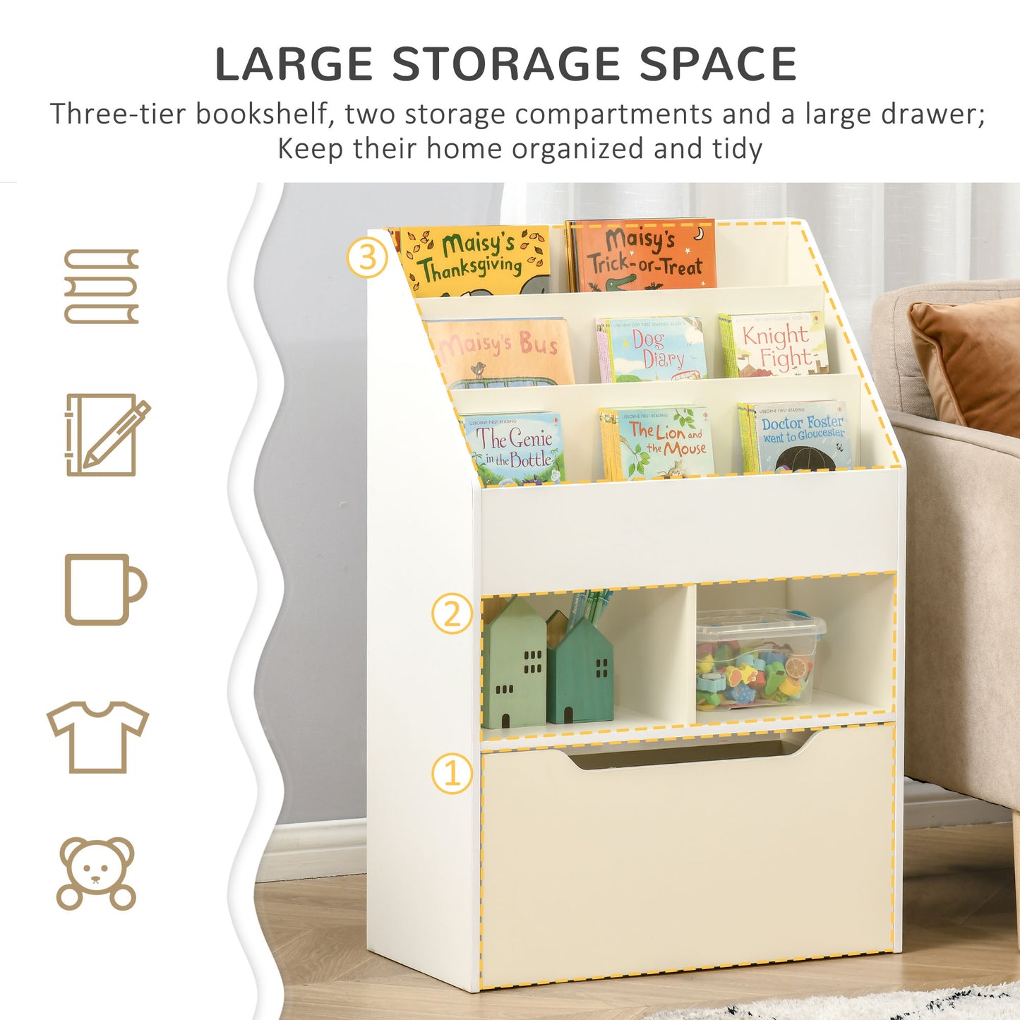 Kids Bookcase Multi Shelf Rack Organizer Storage Drawer Reading Nook Classroom Bedroom Playroom White Kids Crystal