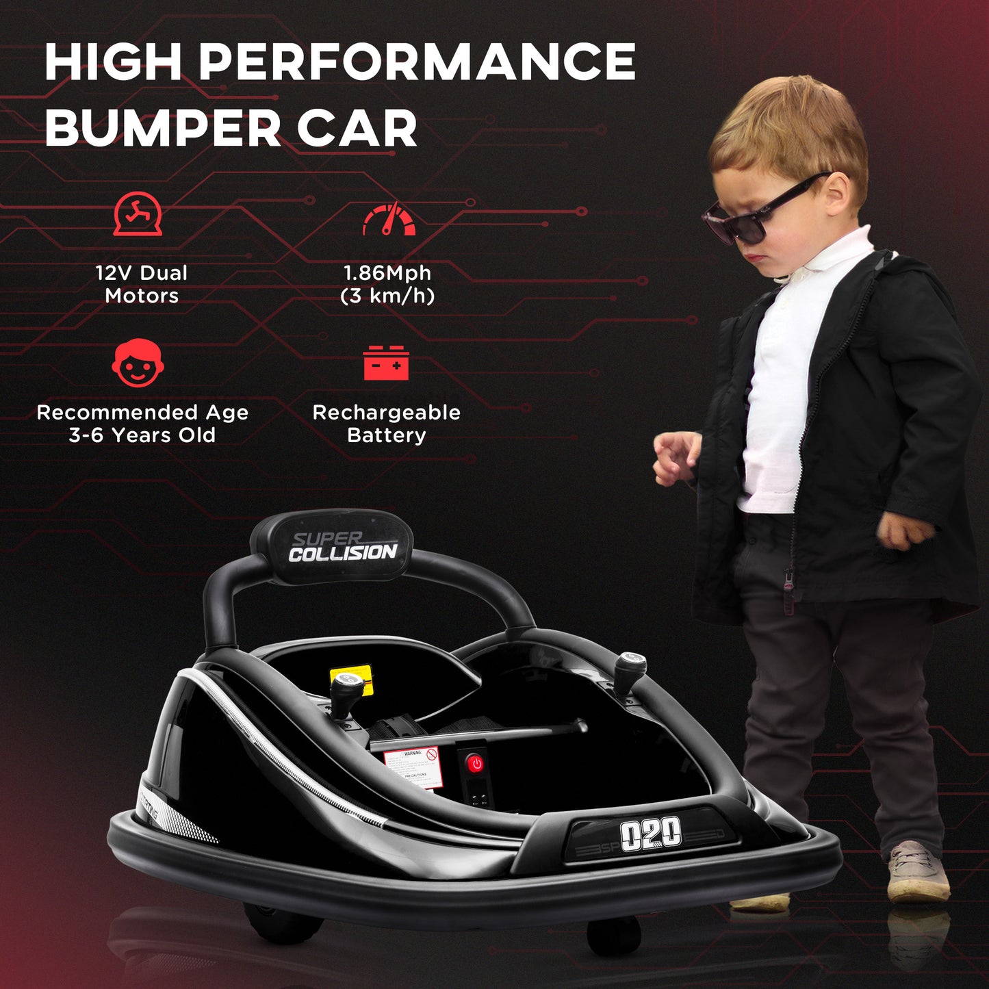 12V Kids Bumper Car: 360° Rotation, Twin Motor, Remote Control, LED Lights, Belt Kids Crystal