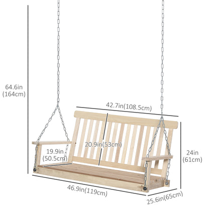2-Seater Patio Swing Chair: Slatted Fir Wood Design with Hanging Chains, Natural Finish