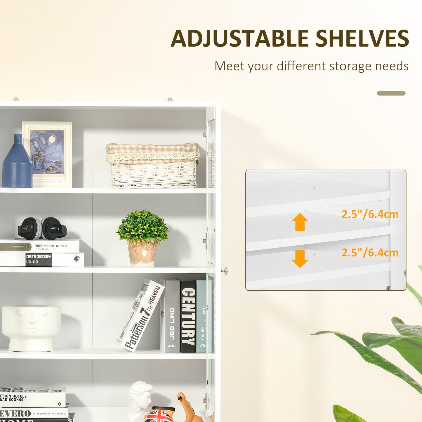 Bookcase Storage Cabinet with Doors, Modern Tall Bookshelf with 2 Adjustable Shelves, Display Unit, White Kids Crystal