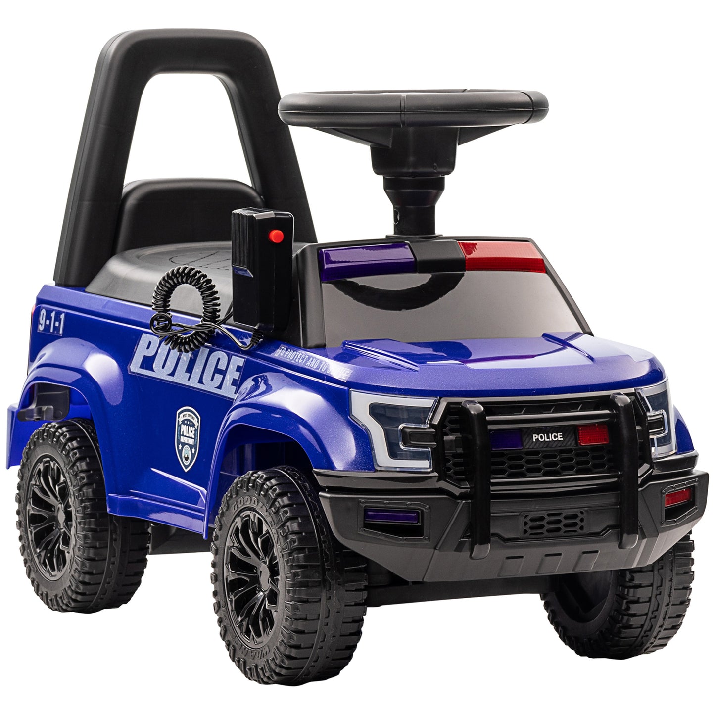 Kids Ride On Police Car Sliding Vehicle with Under Seat Storage Megaphone Anti-Tip Blue Kids Crystal