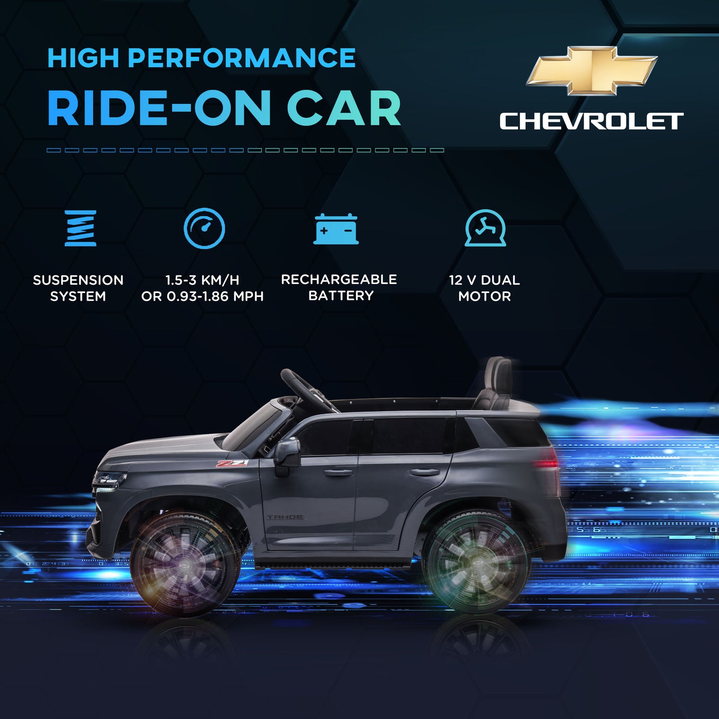 12V Chevrolet TAHOE Kids Ride On Car Remote Control MP3 Music Lights Electric Toy Truck 3-6 Years Grey Kids Crystal