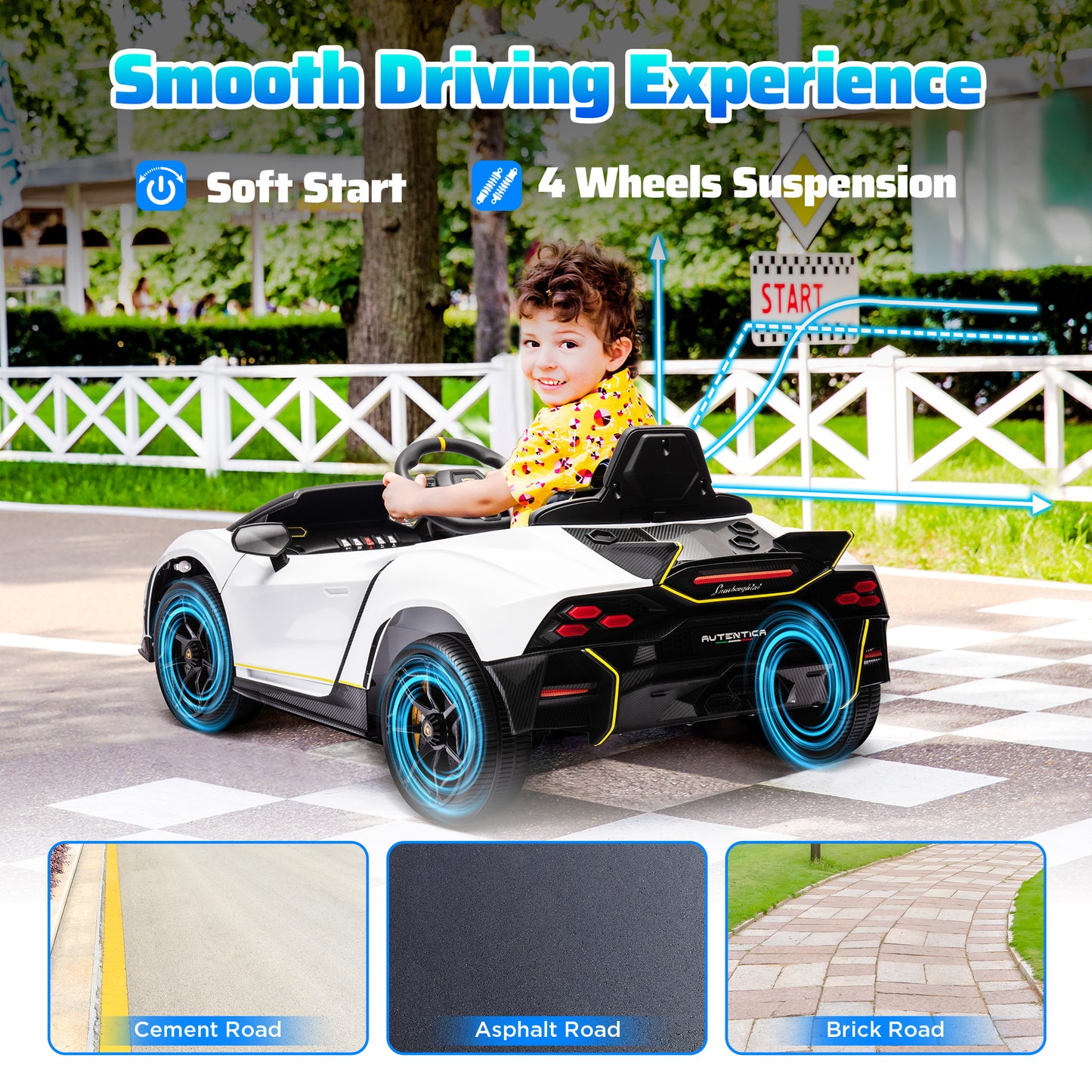 12V Lamborghini Autentica Licensed Kids Car with Remote Control, 4 Wheels Spring Suspension, Soft Start, White Kids Crystal