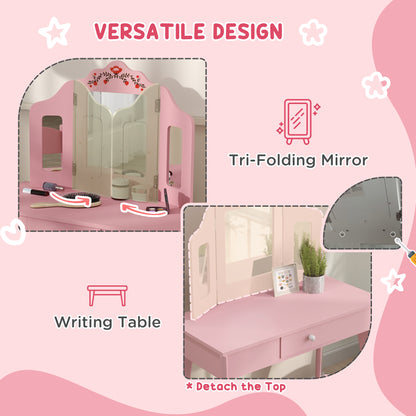 Kids Vanity Set, Dual-Use Dressing Table with Removable Tri-Folding Mirror and Drawer, for Ages 3-8, Pink