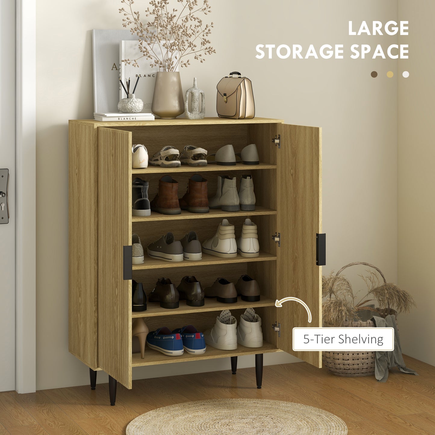 Entryway Shoe Storage Cabinet 5-Tier Shelving Adjustable Shelves for 15 Pairs Oak Kids Crystal