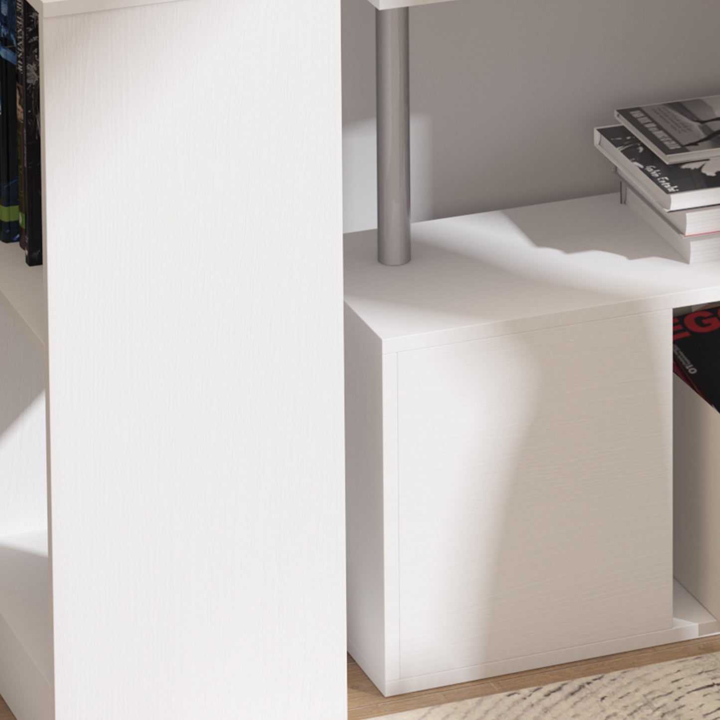 L-Shaped Desk 55", 360° Rotating Corner Workstation, 3-Tier Shelves, Bookshelf, White Kids Crystal