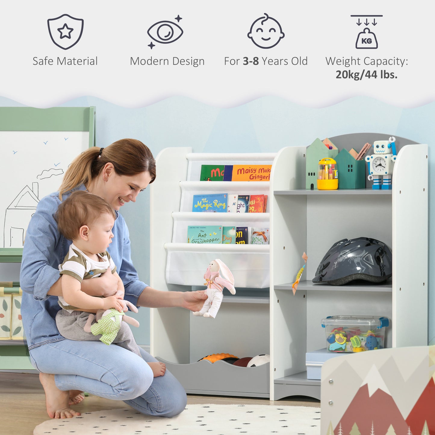 Kids Toy Storage Organizer Shelf Children Bookshelf for Bedroom Playroom Nursery Grey Kids Crystal