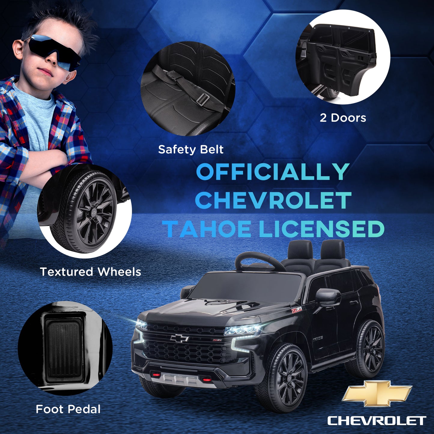 12V Ride on Car Licensed Chevrolet TAHOE with Remote Control, 3 Speed, LED Light, Horn, Music, for 3–6 Years Old, Black Kids Crystal
