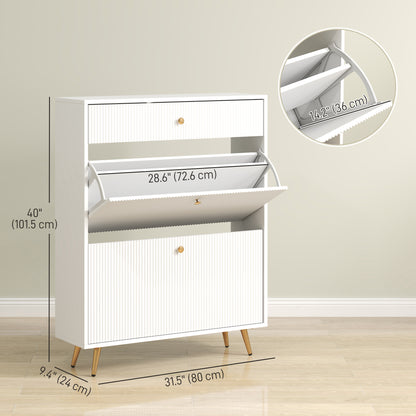 Narrow Shoe Storage Cabinet with Wave-like Panels and Adjustable Shelves for 12 Pairs of Shoes, White