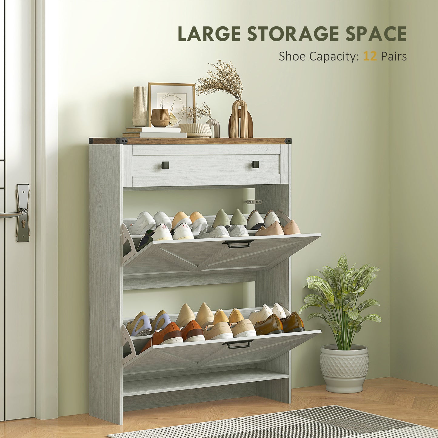 Narrow Shoe Storage Cabinet, Farmhouse Shoe Cabinet with 2 Flip Drawers, 1 Drawer, 12 Pairs for Entryway, White Kids Crystal